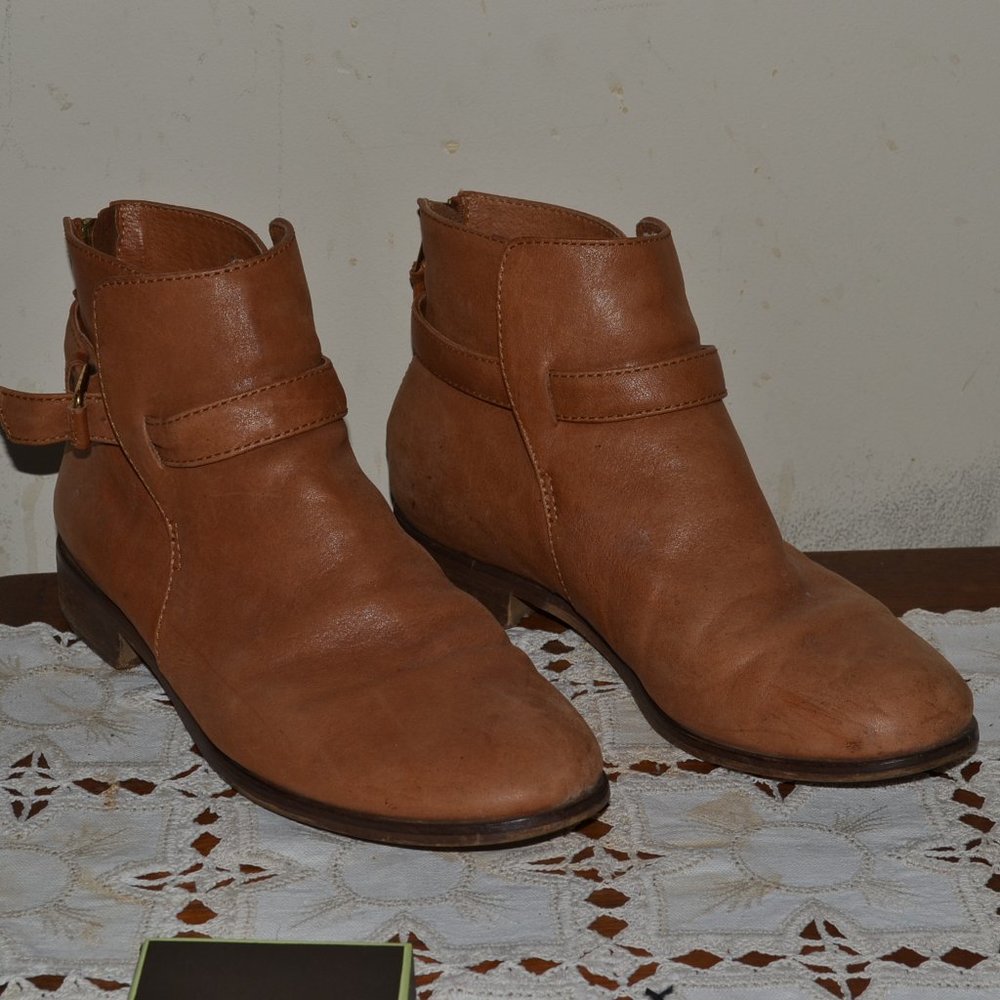 J Crew Tan Leather Ankle Boots Booties 8.5 buckle